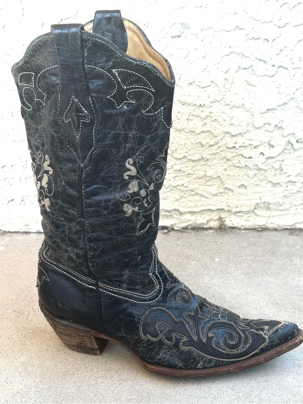 Corral Vintage Womens 9 Distressed Black Leather Lizard Inlay Cowboy Boots